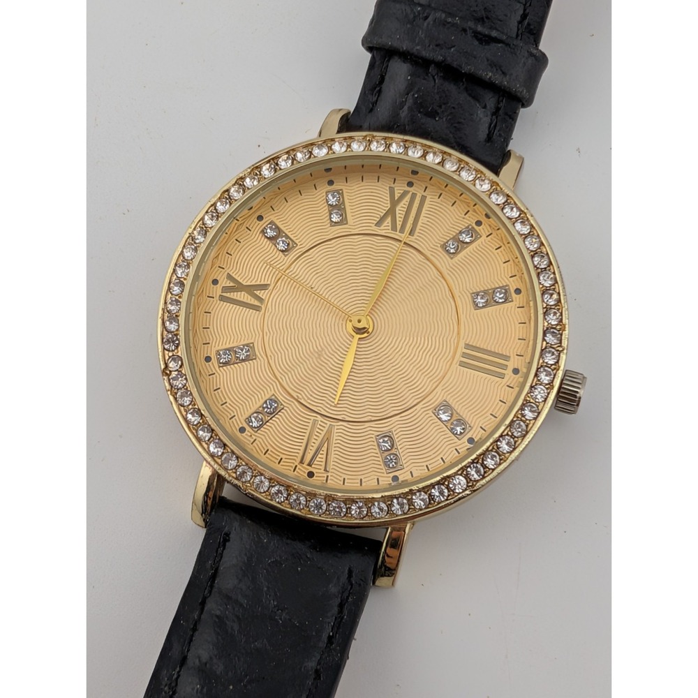 Women's Quartz Watch 38mm Gold Case Crystal Bezel Black Leather Band New Battery
